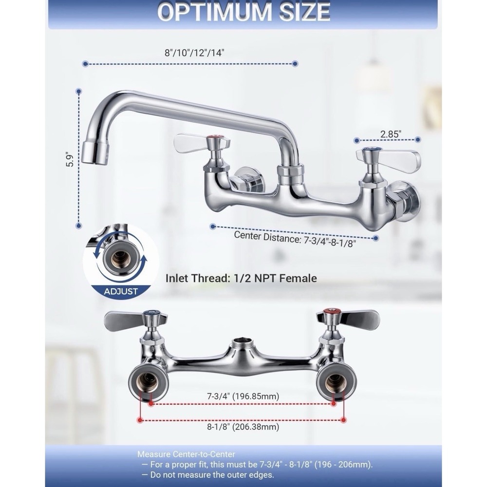 Kitchen Sink Faucet Wall Mount 8" Commercial Dual Handle Swivel Spout Chrome - Picture 2 of 12